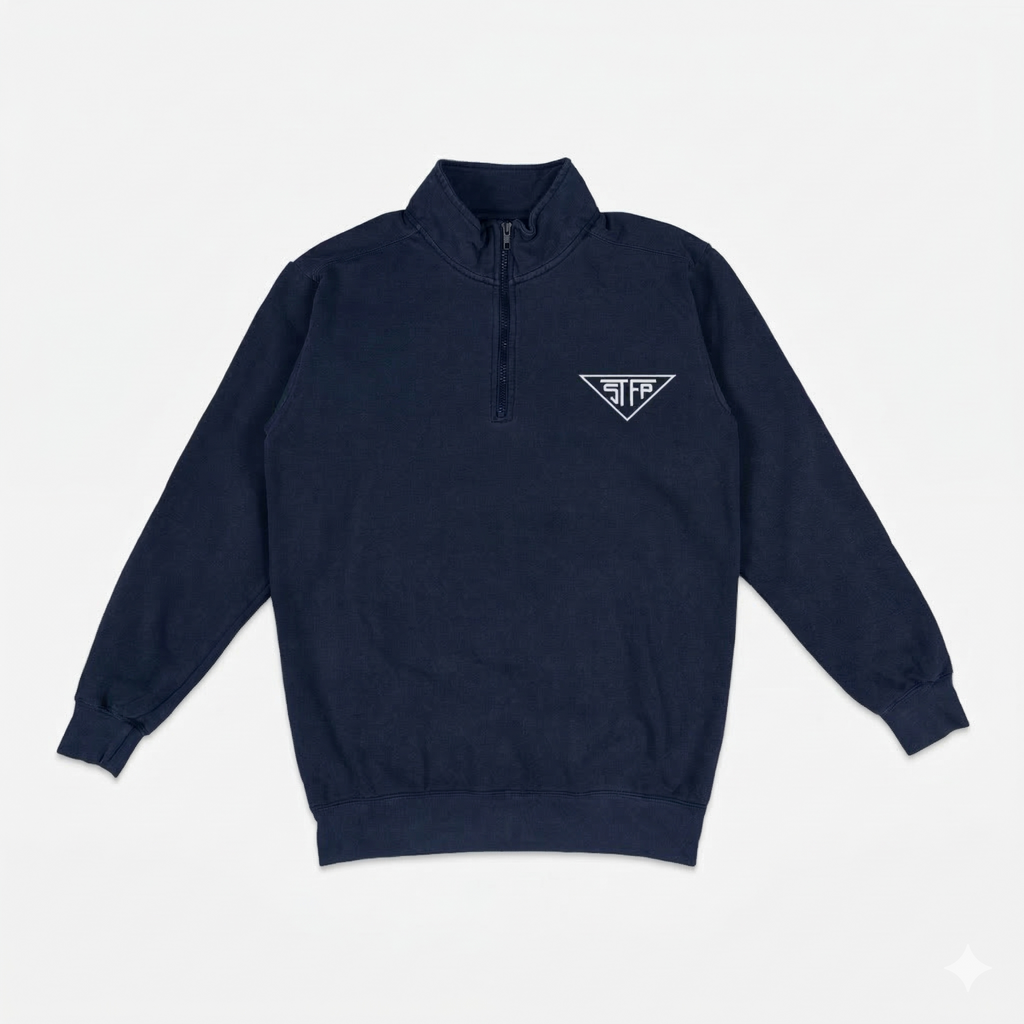 Navy blue quarter-zip sweatshirt with a logo on a light gray background