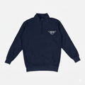 Navy blue quarter-zip sweatshirt with a logo on a light gray background