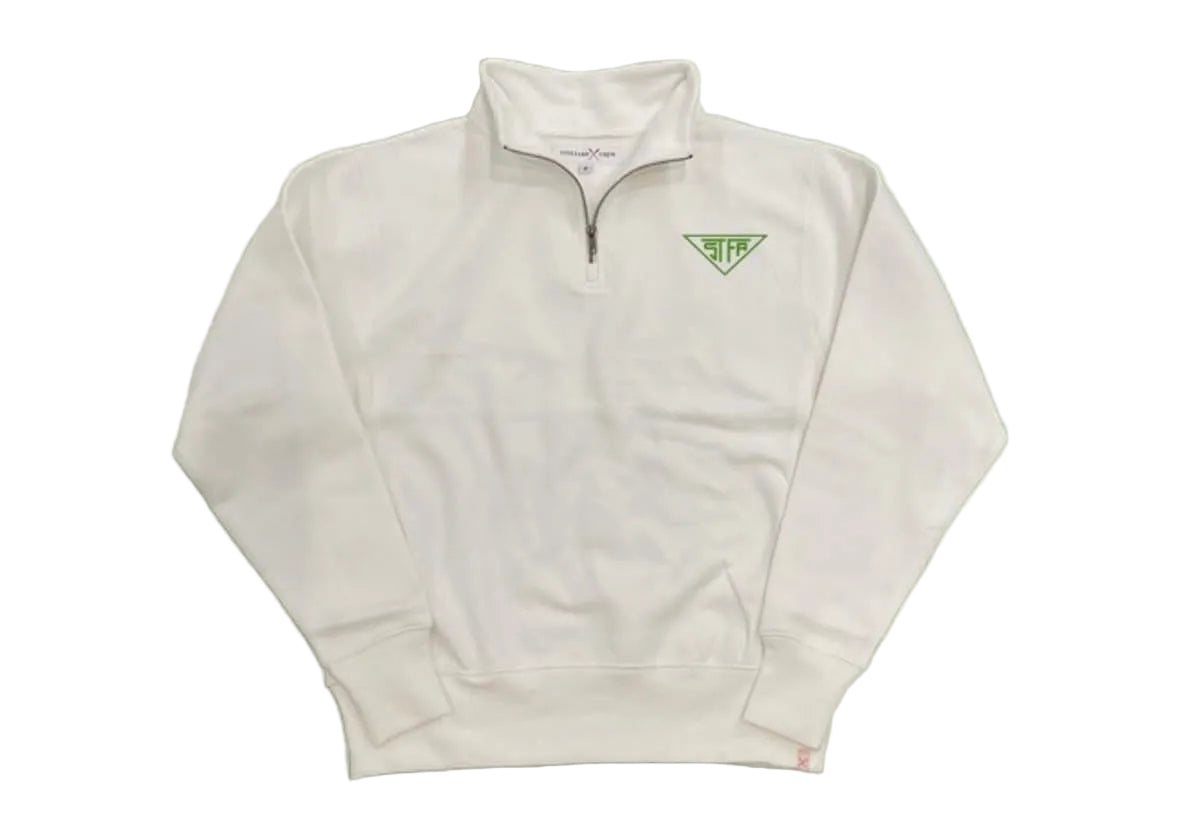 White quarter-zip sweatshirt with green stfa logo 