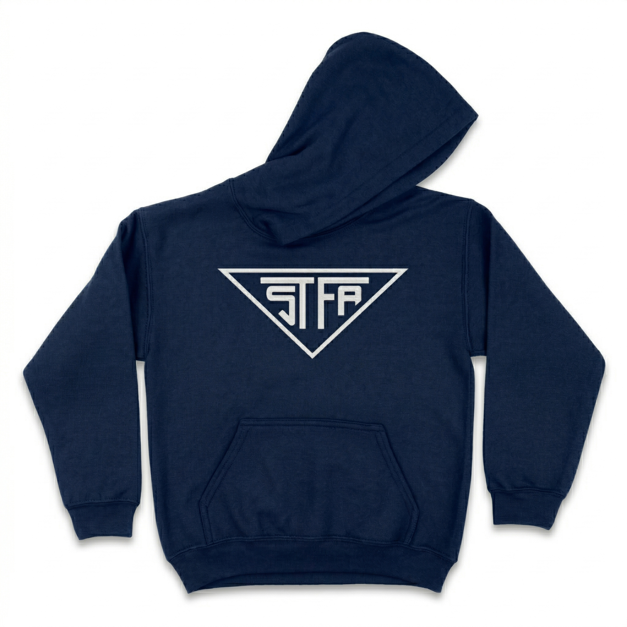 Navy blue hoodie with a whitw stfa logo, Youth sizes sS M, and L