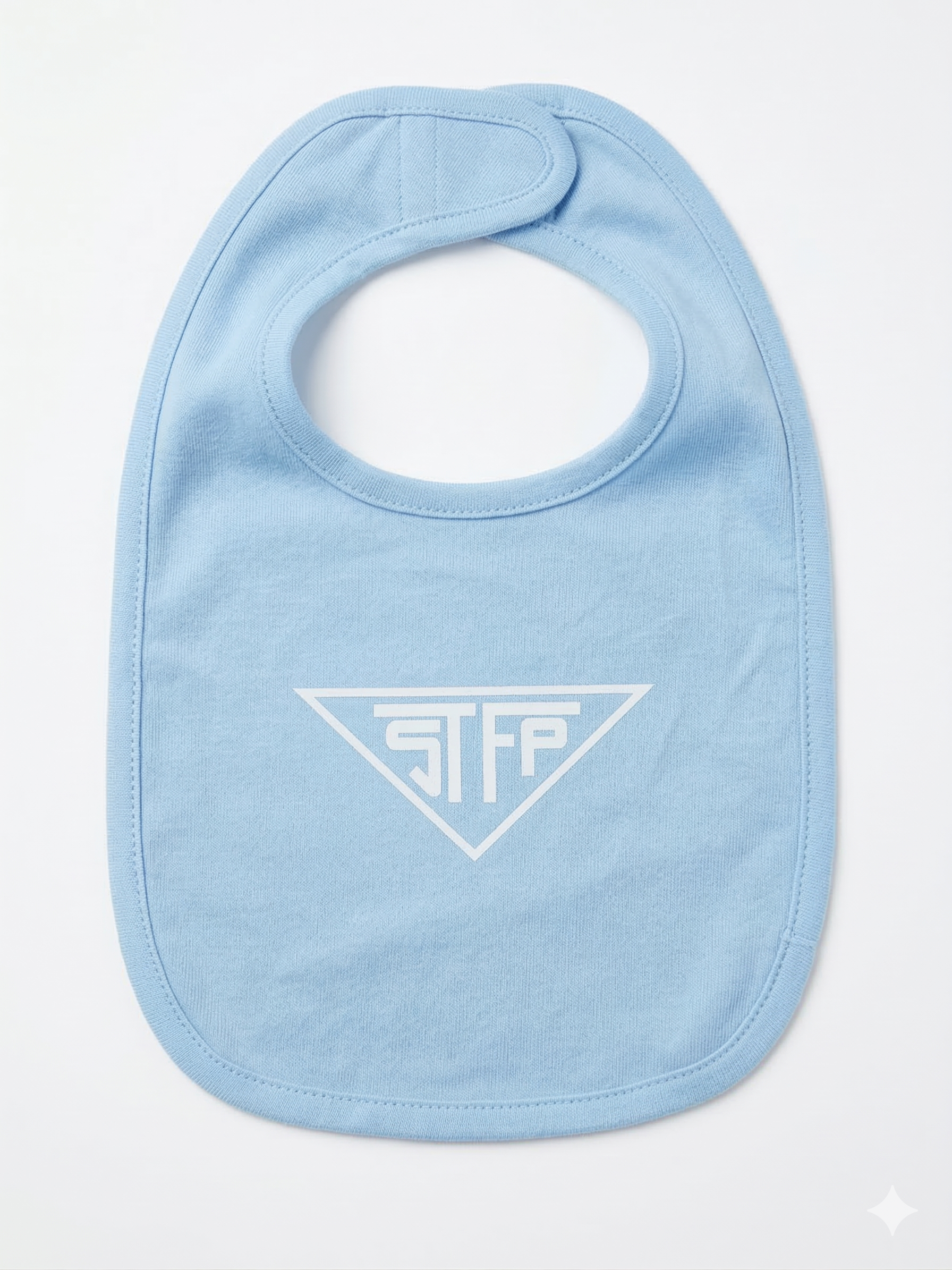 Light blue stfa bib with a logo on a white background